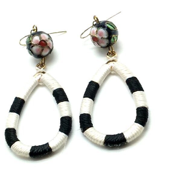 Black White Striped Hollow Waterdrop Faceted Ball Statement Earrings 2.75" - Picture 6 of 9